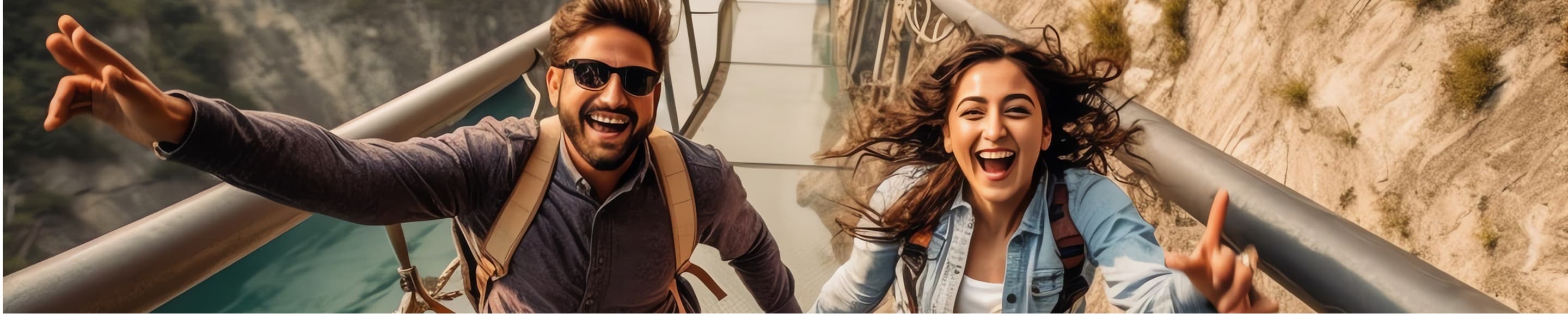 Voyageurs joyeux sur un pont suspendu