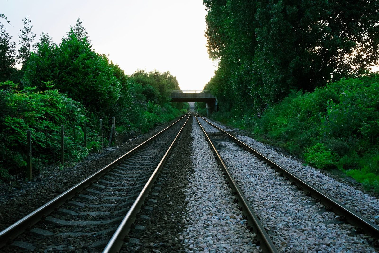 Zweigleisige Bahnstrecke zwischen Bäumen, die in der Abenddämmerung auf eine Straßenbrücke zuläuft